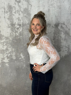 Moch Neck Sheer Lace Top - White (Small - 3X)