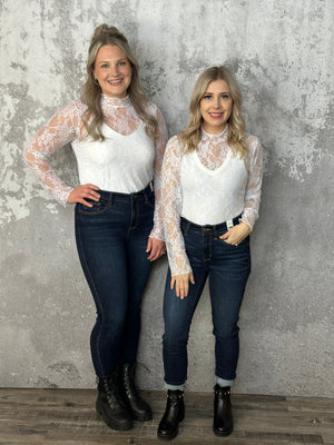 Moch Neck Sheer Lace Top - White (Small - 3X)