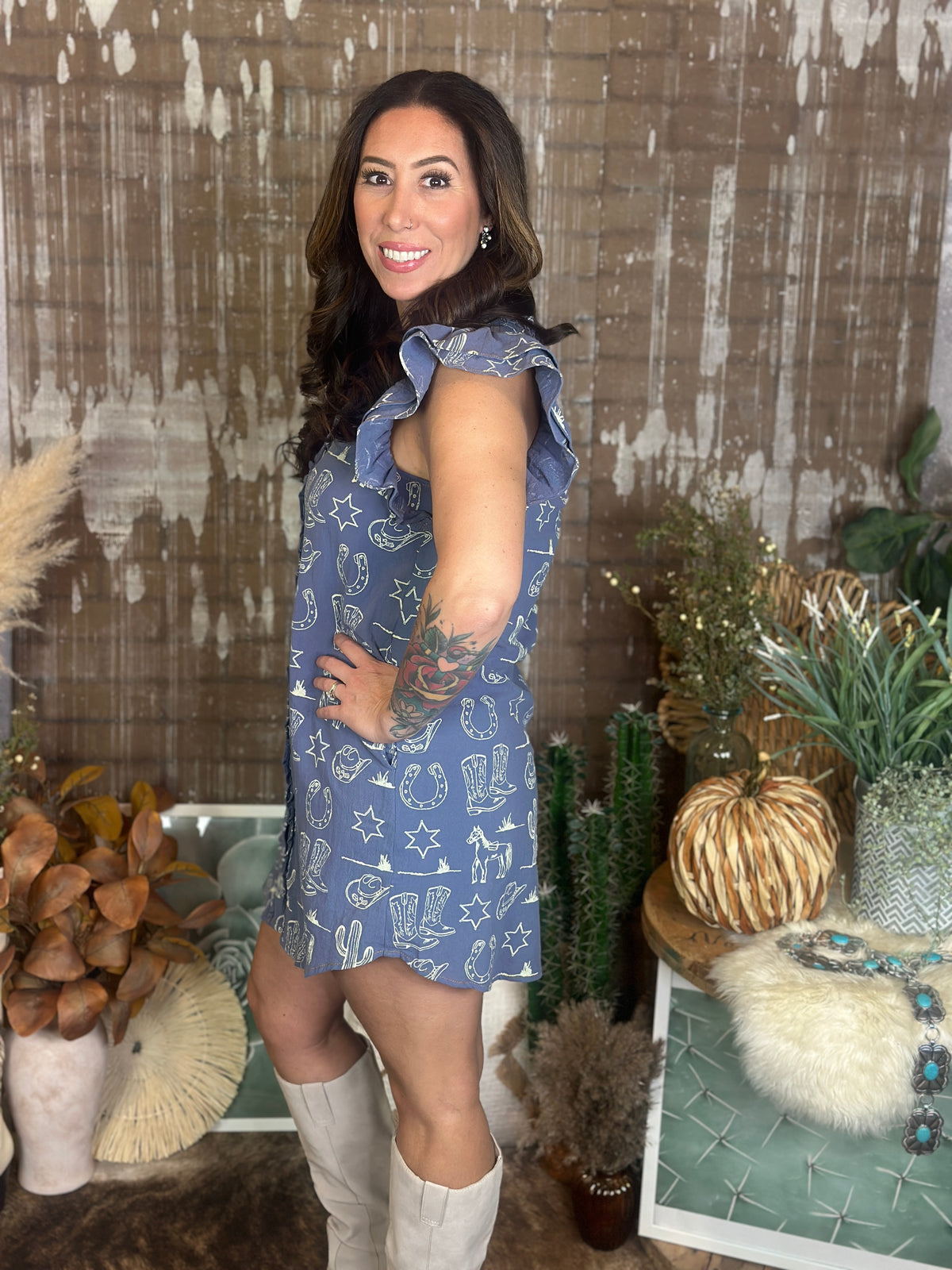 Blue Western Graphic Ruffle Sleeve Dress