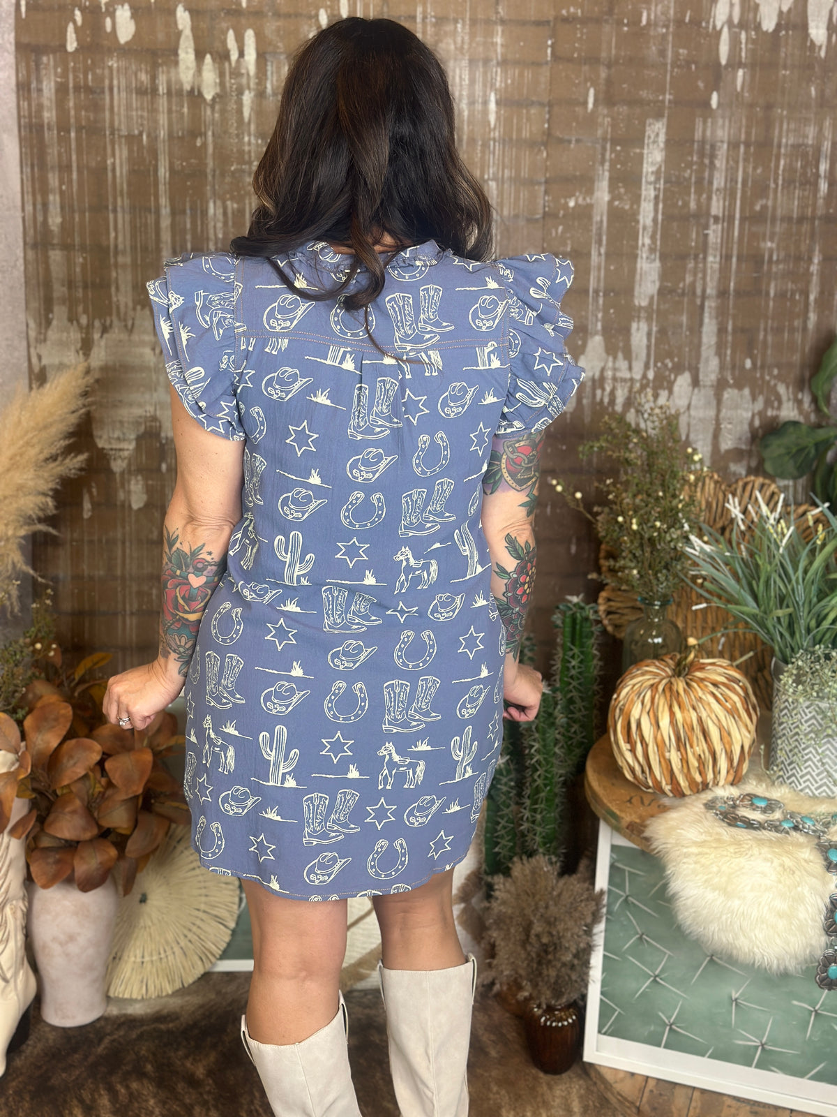 Blue Western Graphic Ruffle Sleeve Dress