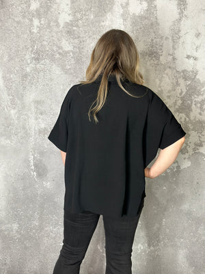 Short Sleeve Button Up 3/4 Sleeve Blouse - Black (Small - 3X)