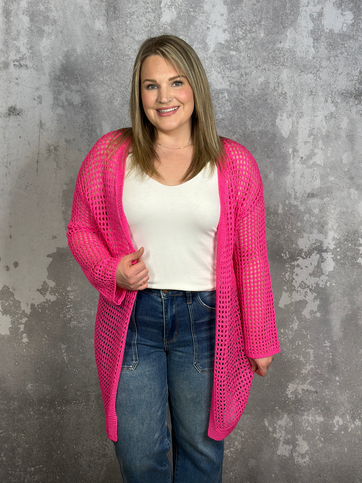 Pink Crochet Cardigan (Small - 2X)