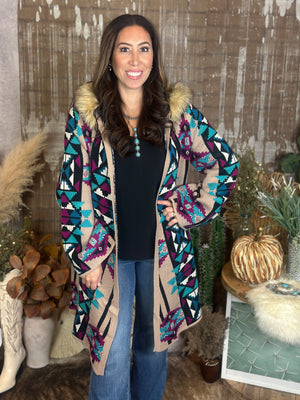Hooded Aztec Cardigan with detachable faux fur trim (Small - 3X)