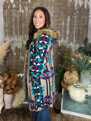 Hooded Aztec Cardigan with detachable faux fur trim (Small - 3X)