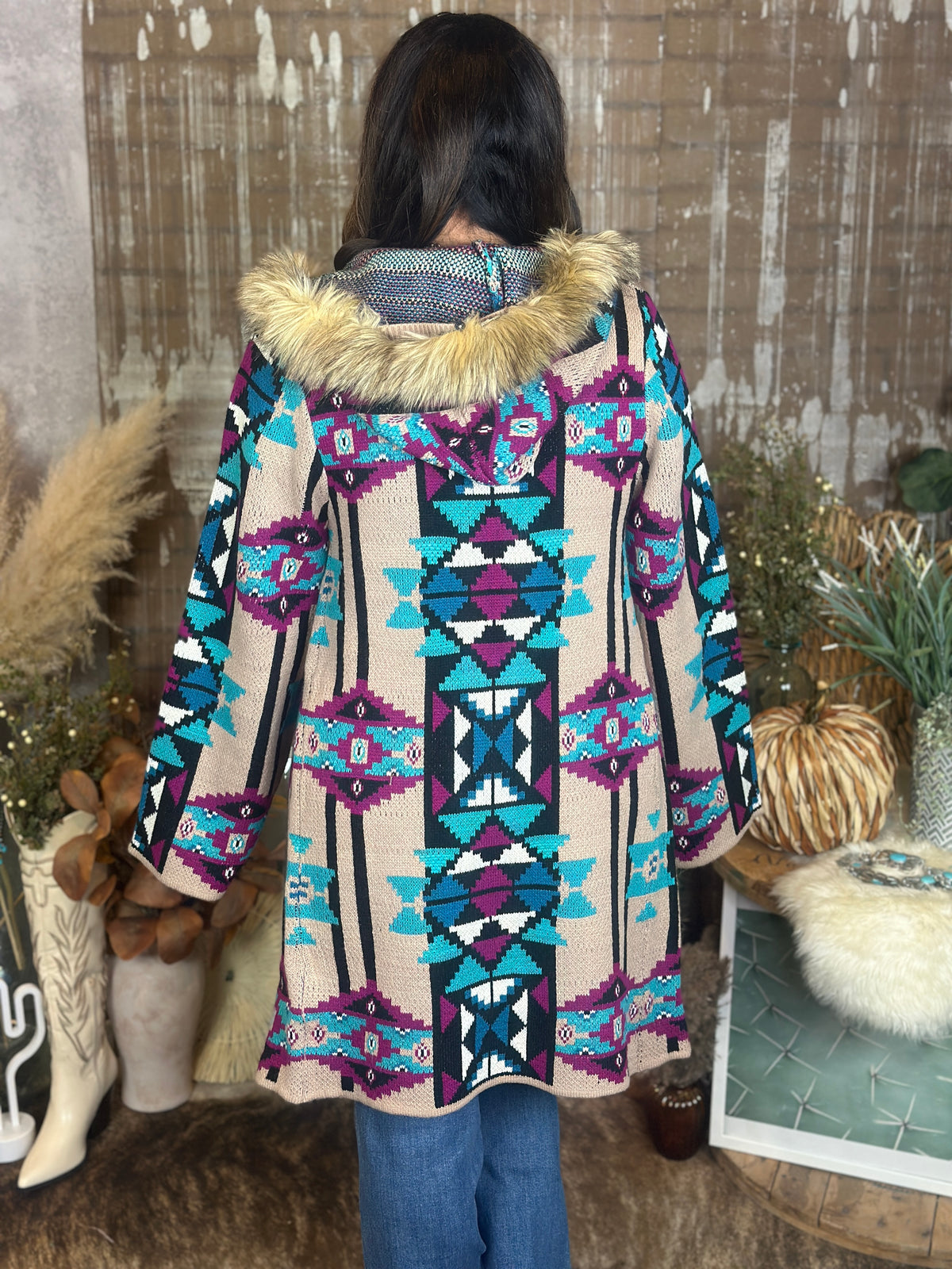 Hooded Aztec Cardigan with detachable faux fur trim (Small - 3X)