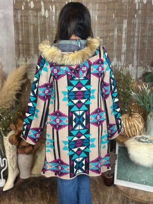 Hooded Aztec Cardigan with detachable faux fur trim (Small - 3X)
