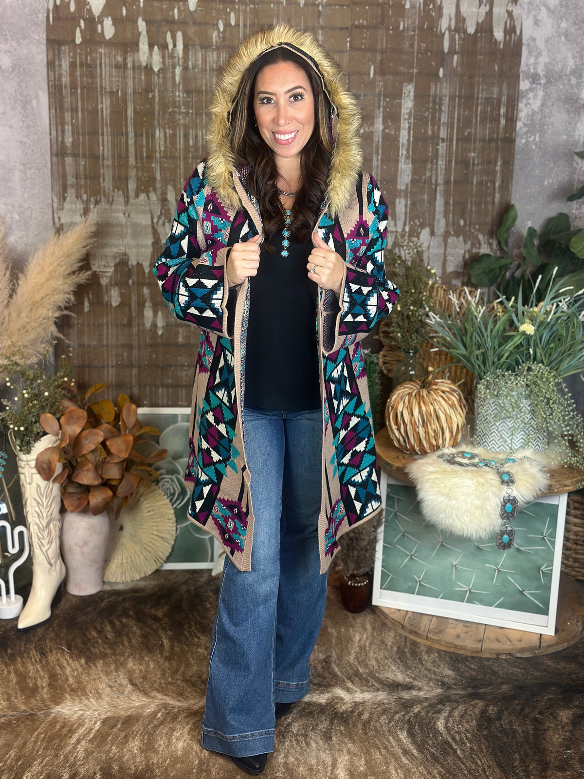 Hooded Aztec Cardigan with detachable faux fur trim (Small - 3X)