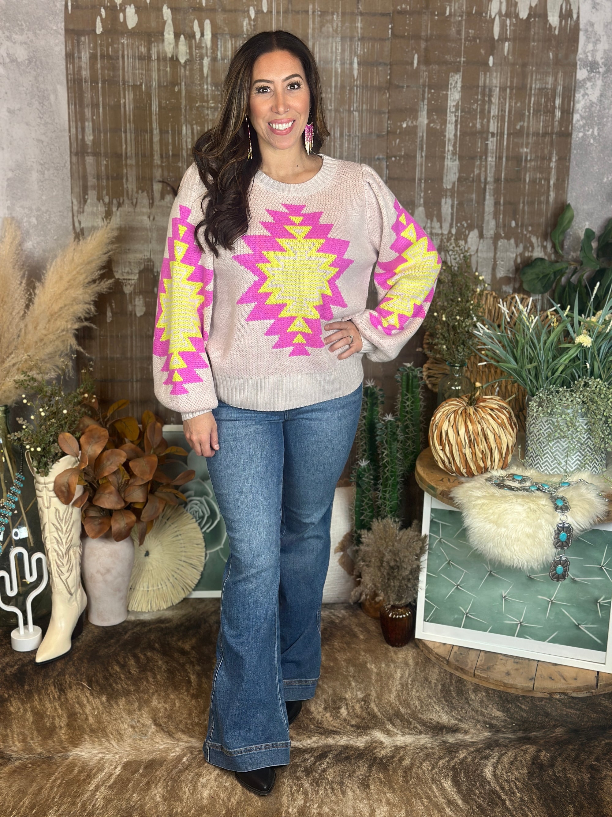 Neon Pink and Yellow Axtec Sweater