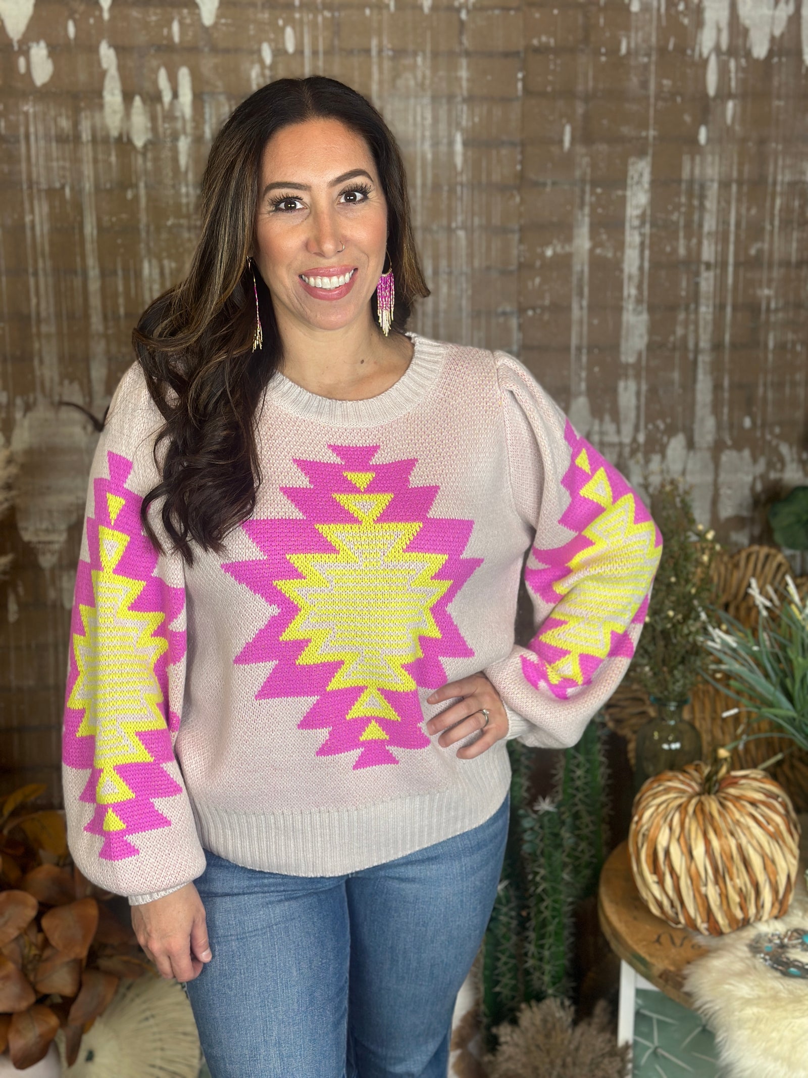 Neon Pink and Yellow Axtec Sweater