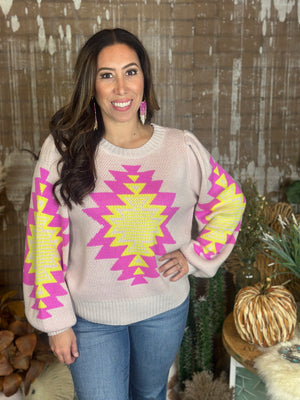 Neon Pink and Yellow Axtec Sweater