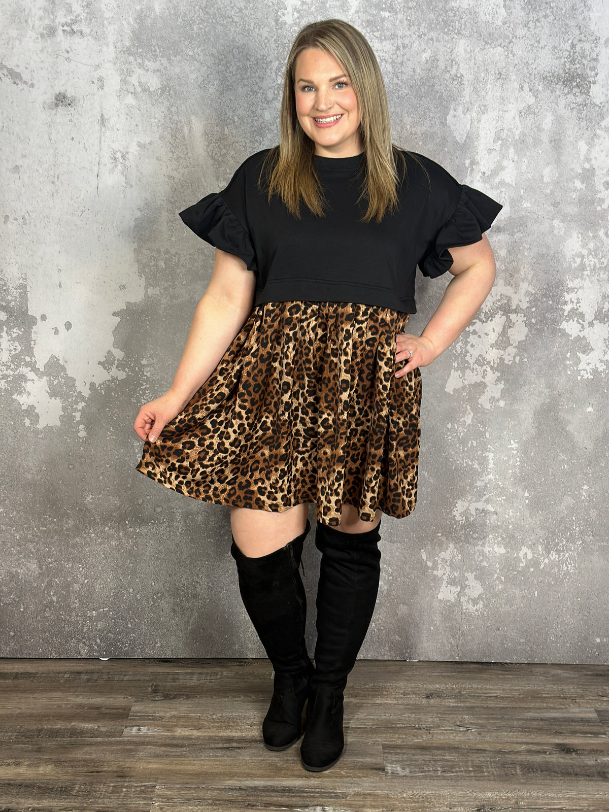 Leopard and Black Sweatshirt Style Dress