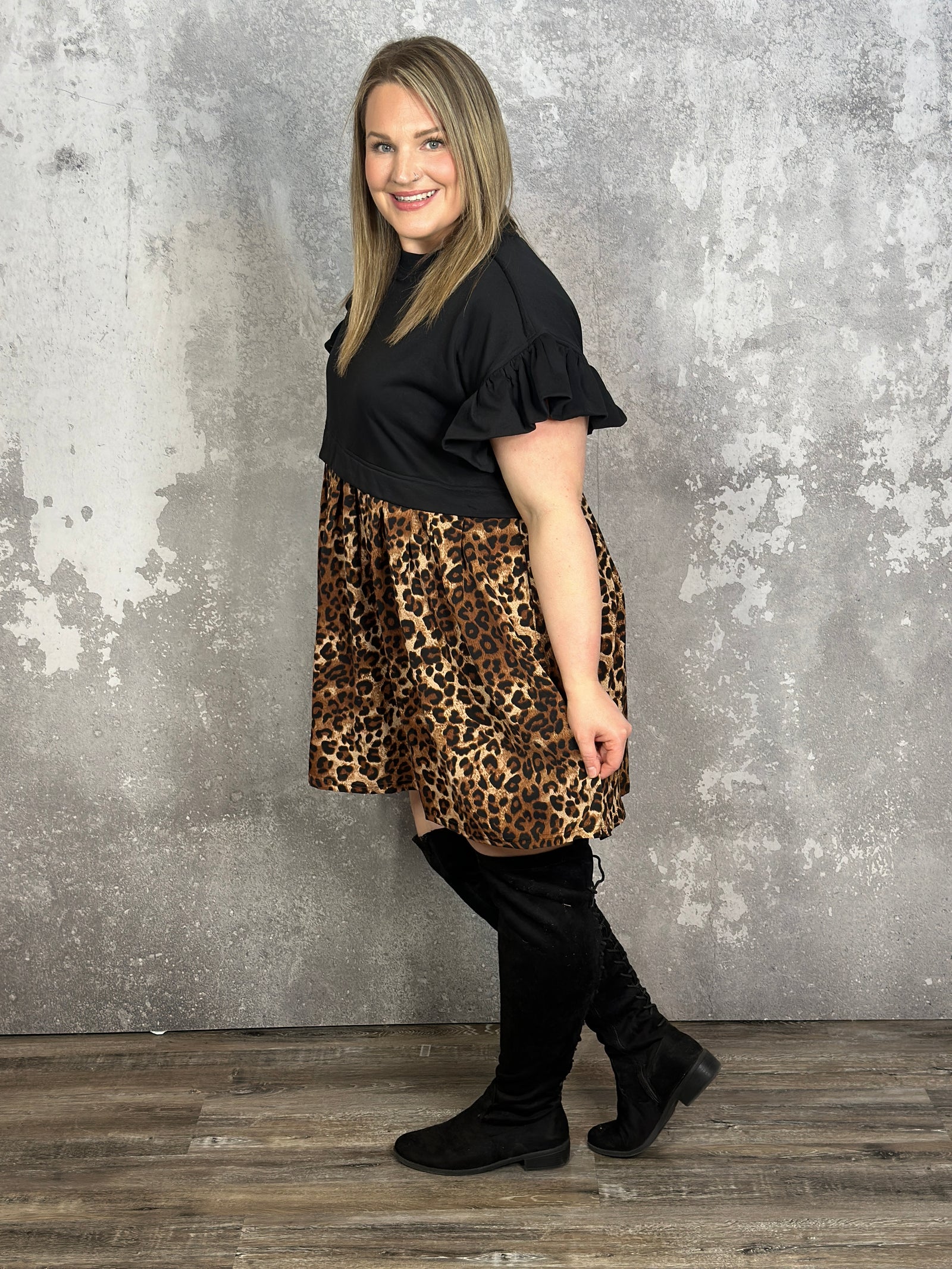 Leopard and Black Sweatshirt Style Dress