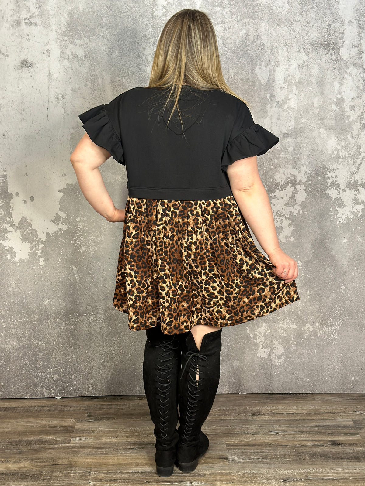 Leopard and Black Sweatshirt Style Dress