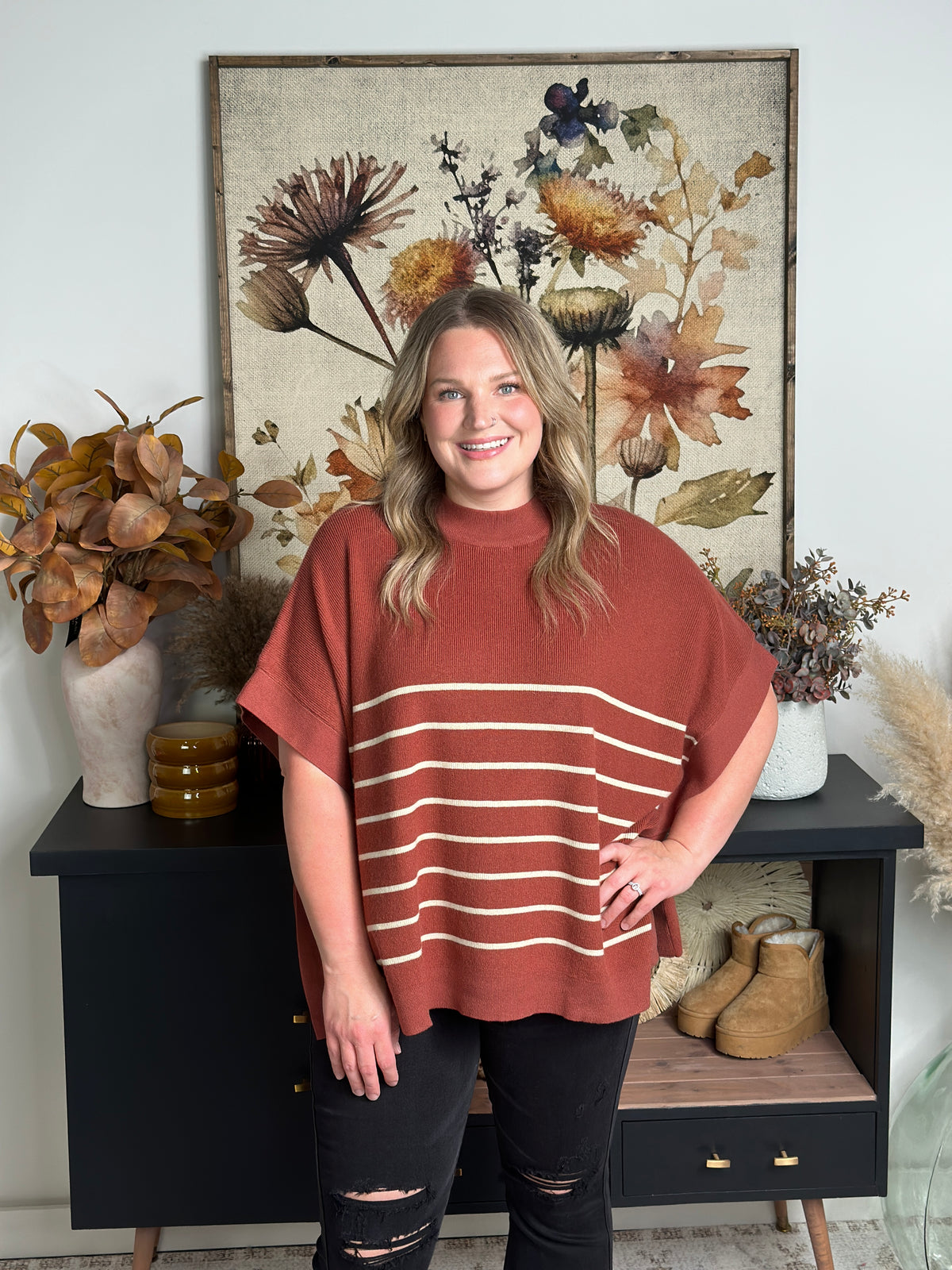 Rust Stripe Poncho Sweater - FINAL SALE