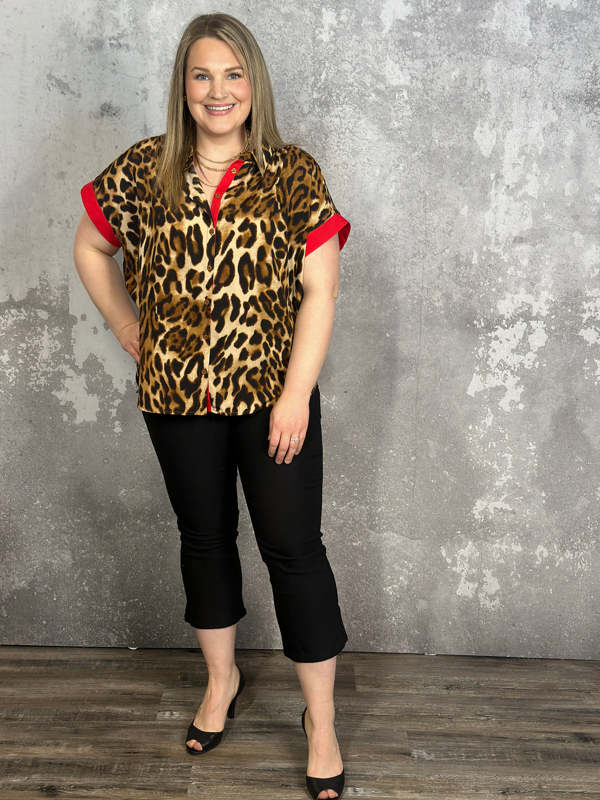 Leopard Top with Red Trim