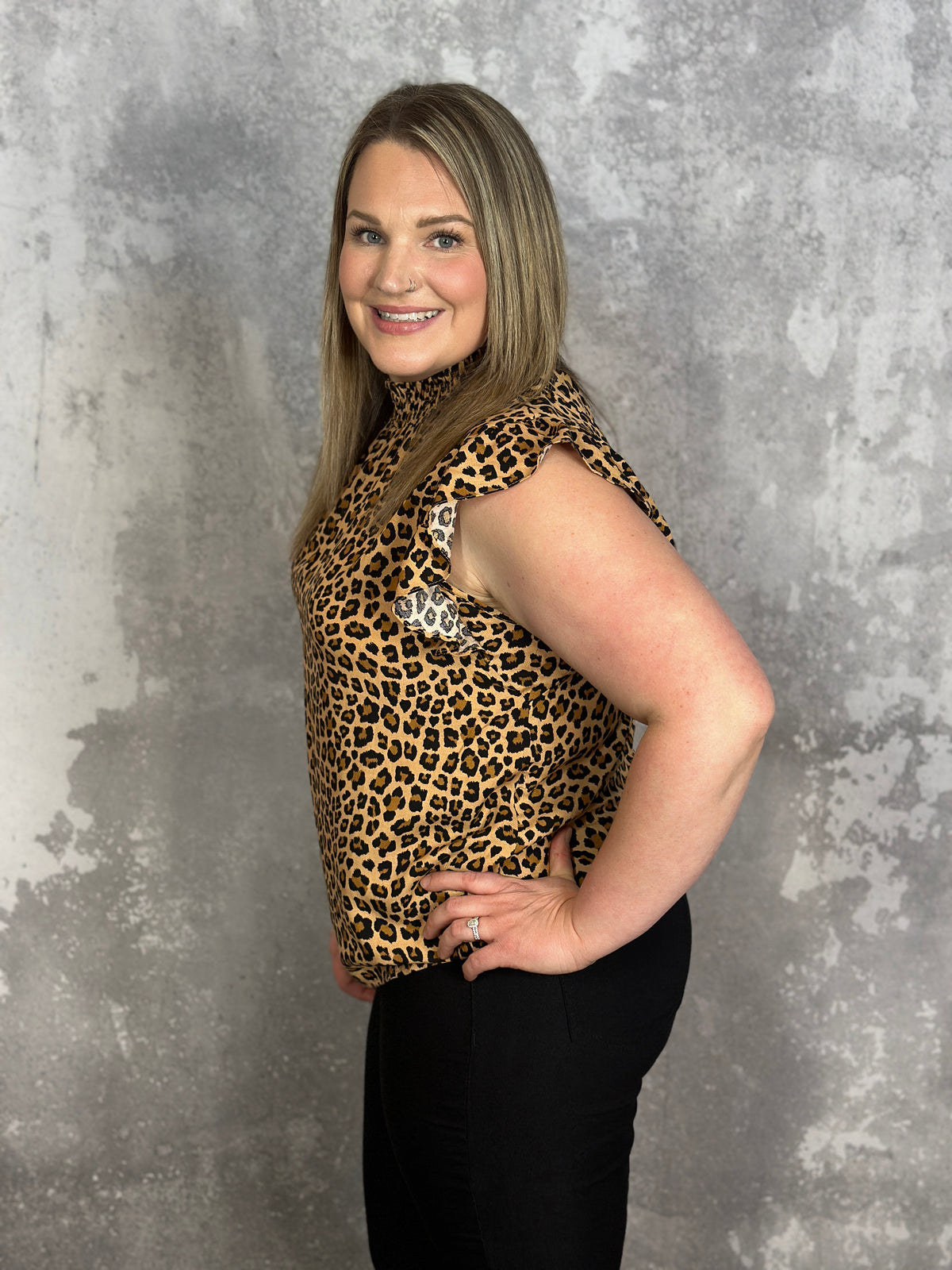 Moch Neck Ruffle Cap Sleeve Leopard Top