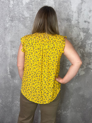 Yellow/Taupe Print Ruffle Sleeve Top