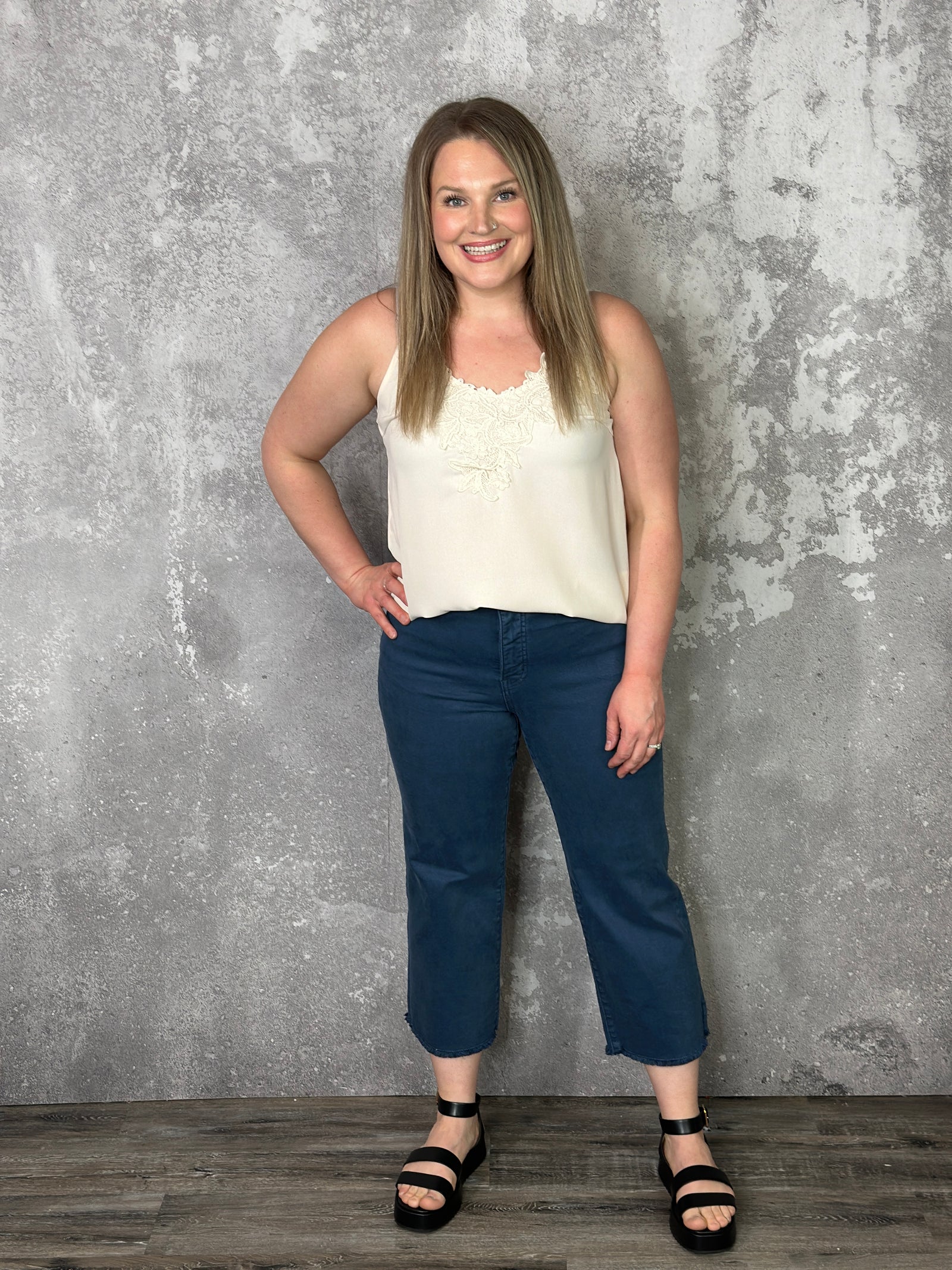 RFM Chloe Wide Leg Tummy Control Denim Crop - Slate Blue  (sizes 00-24)- FINAL SALE