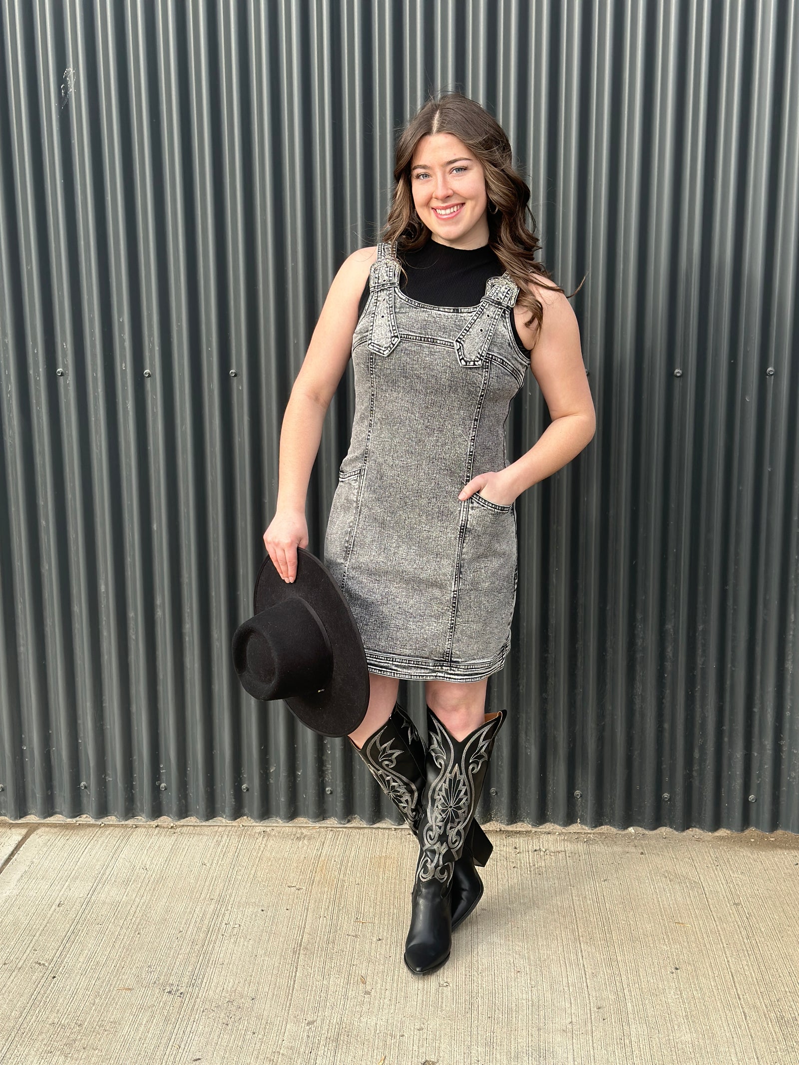 Charcoal Western Buckle Denim Dress - FINAL SALE