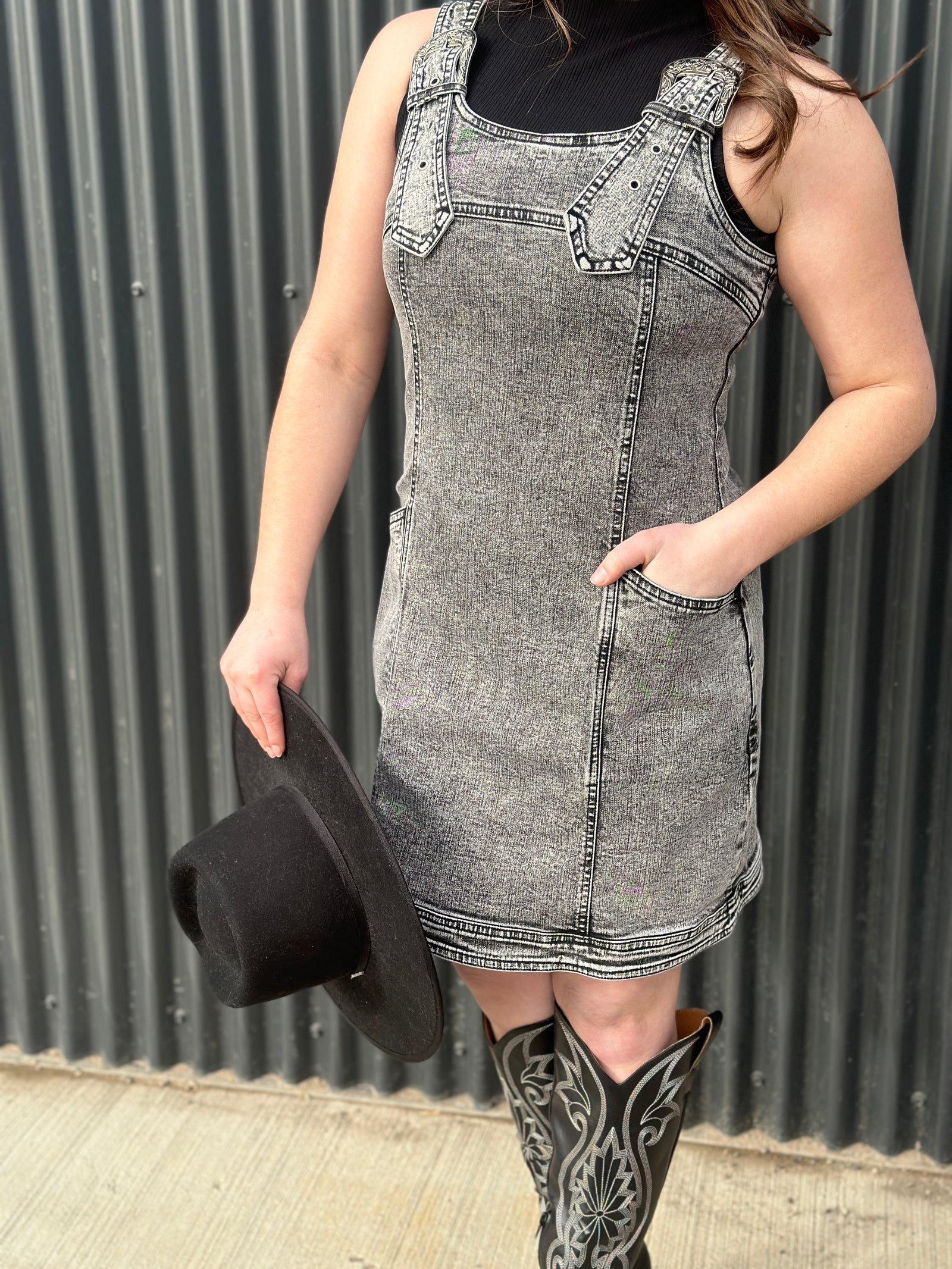 Charcoal Western Buckle Denim Dress - FINAL SALE