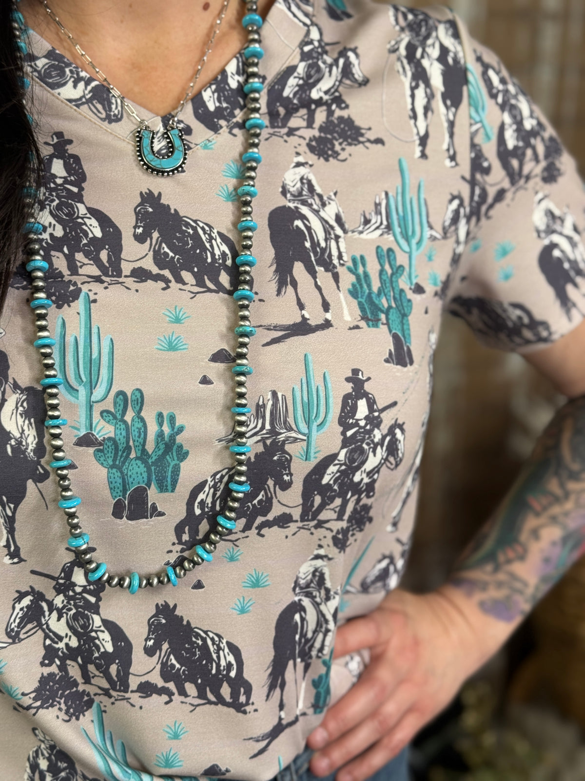 Turquoise Cactus Vneck Tee