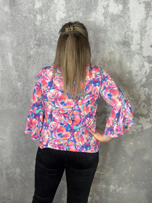 The Wrinkle Free 3/4 Ruffle Sleeve Lizzie Top -Neon Watercolor Floral (Small - 3X)