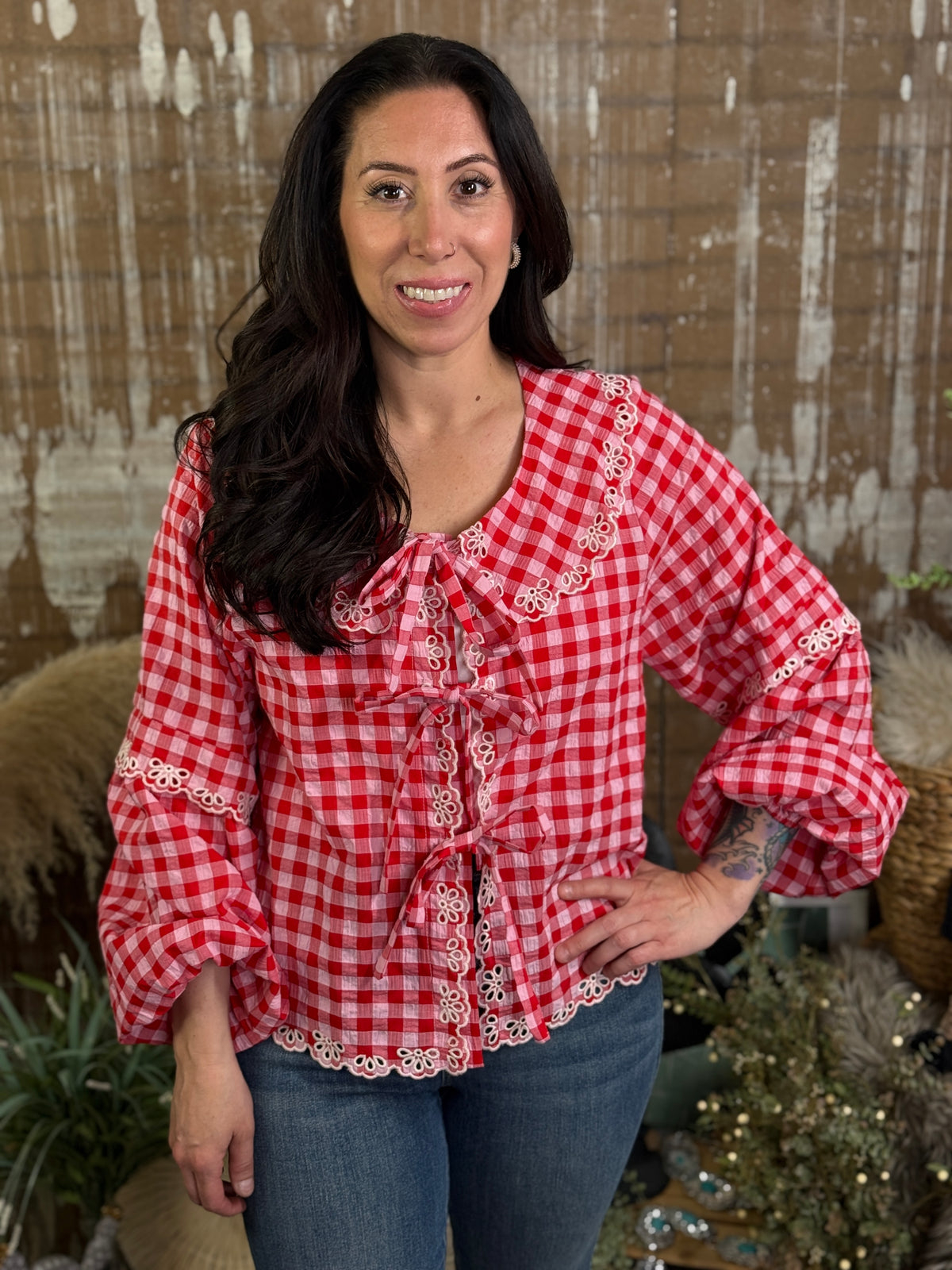 Red/Pink Checker Collared Top