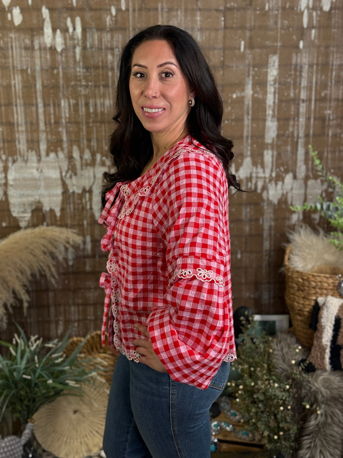 Red/Pink Checker Collared Top