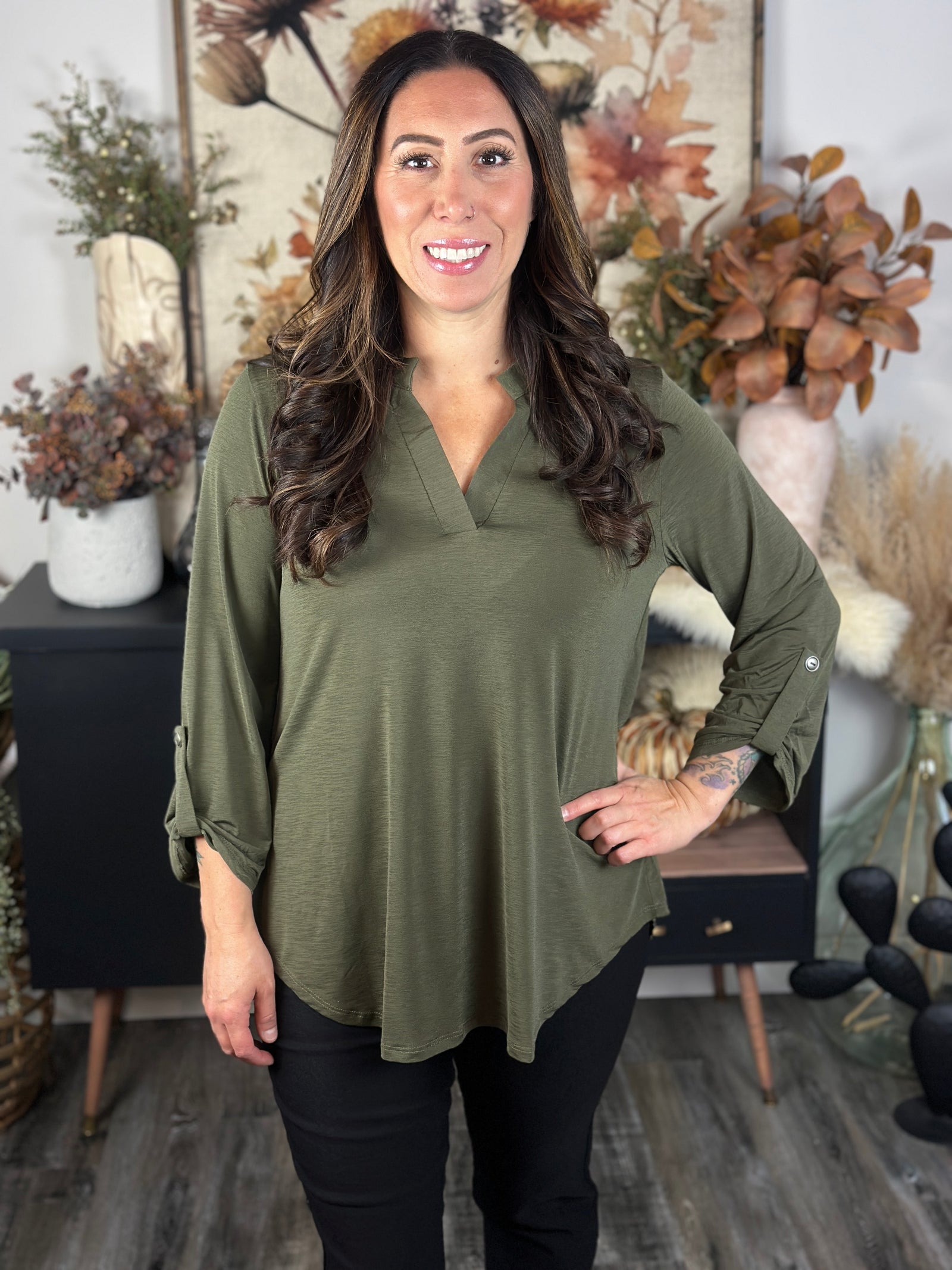 The Solid Wrinkle Free Lizzie Top - Olive (Small - 3X)