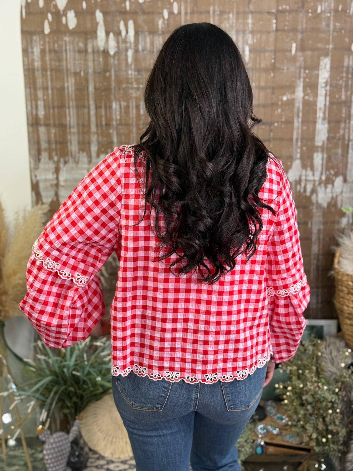 Red/Pink Checker Collared Top