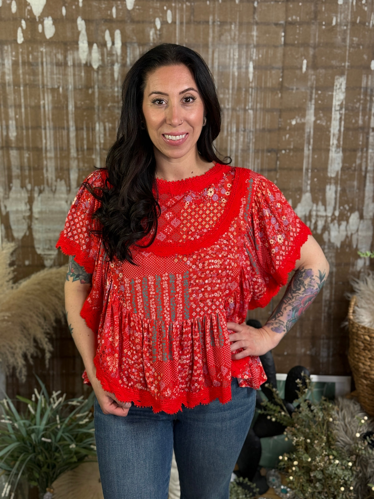 Red Ruffle Dolman Top