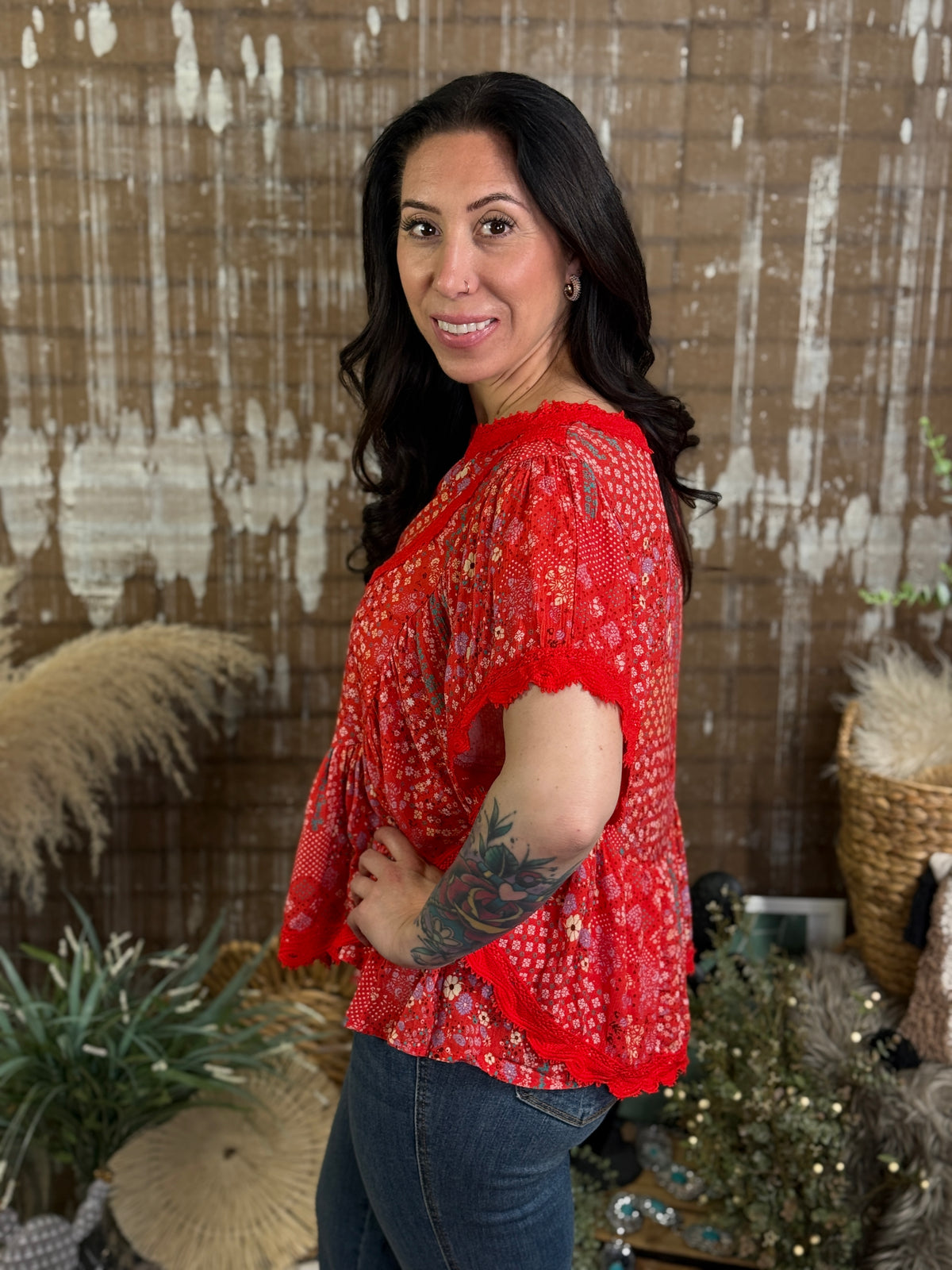 Red Ruffle Dolman Top