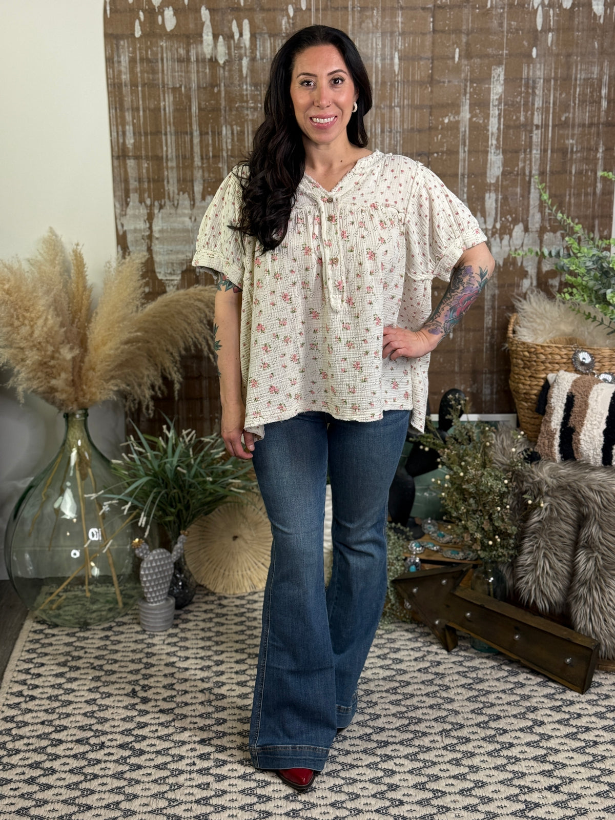 Gauze Tiny Floral Short Sleeve Top (Small - 3X)