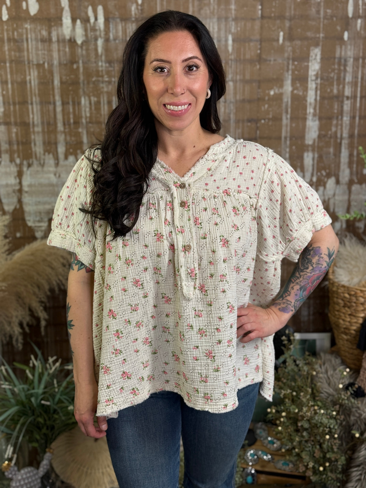 Gauze Tiny Floral Short Sleeve Top (Small - 3X)