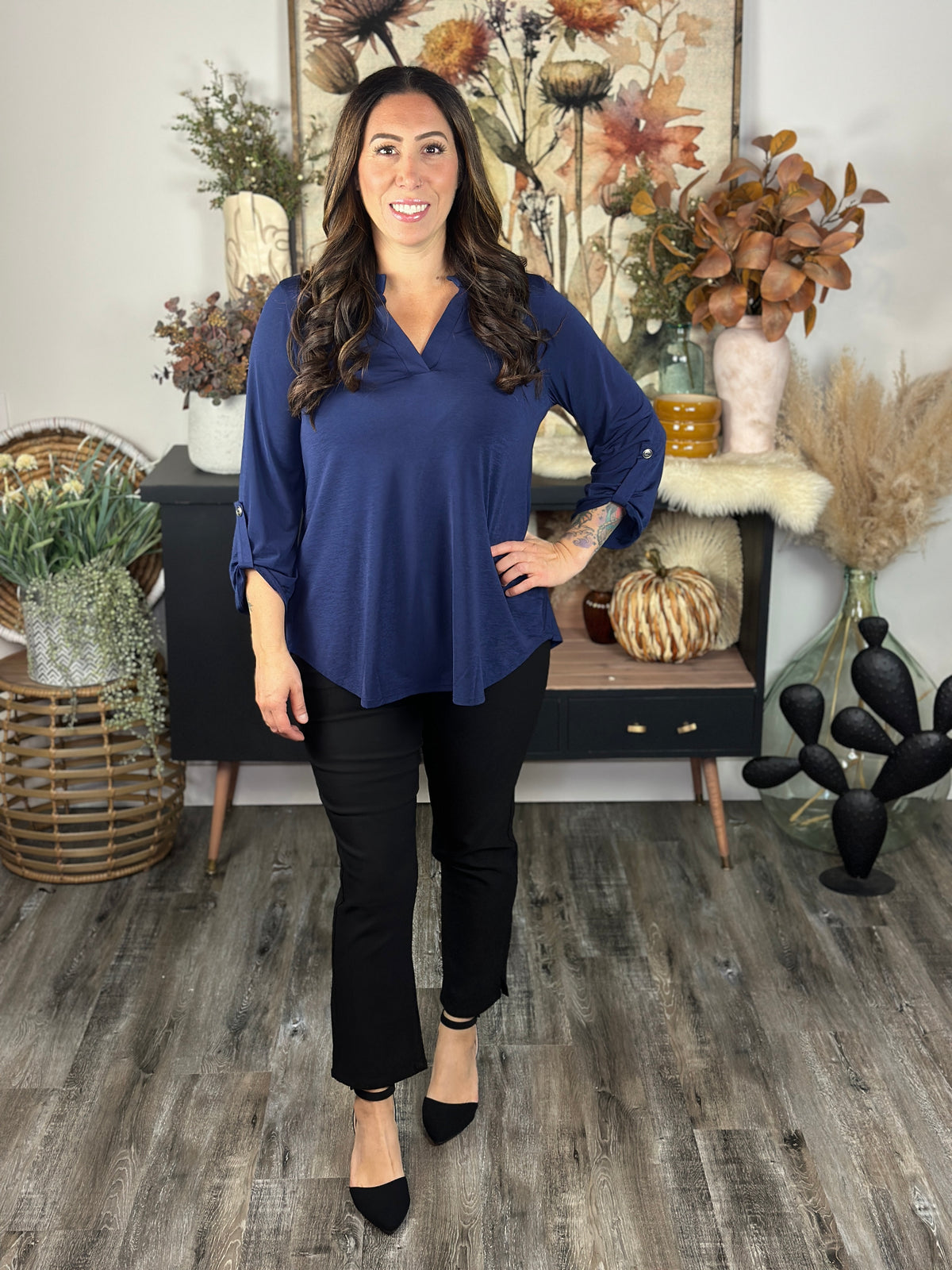 The Solid Wrinkle Free Lizzie Top - Navy (Small - 3X)