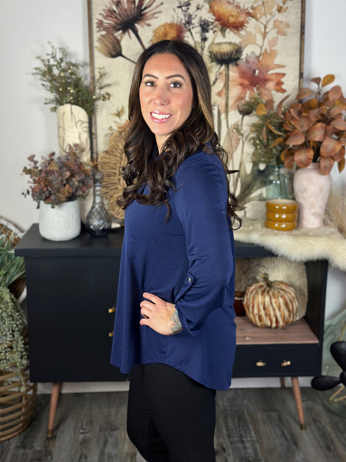 The Solid Wrinkle Free Lizzie Top - Navy (Small - 3X)