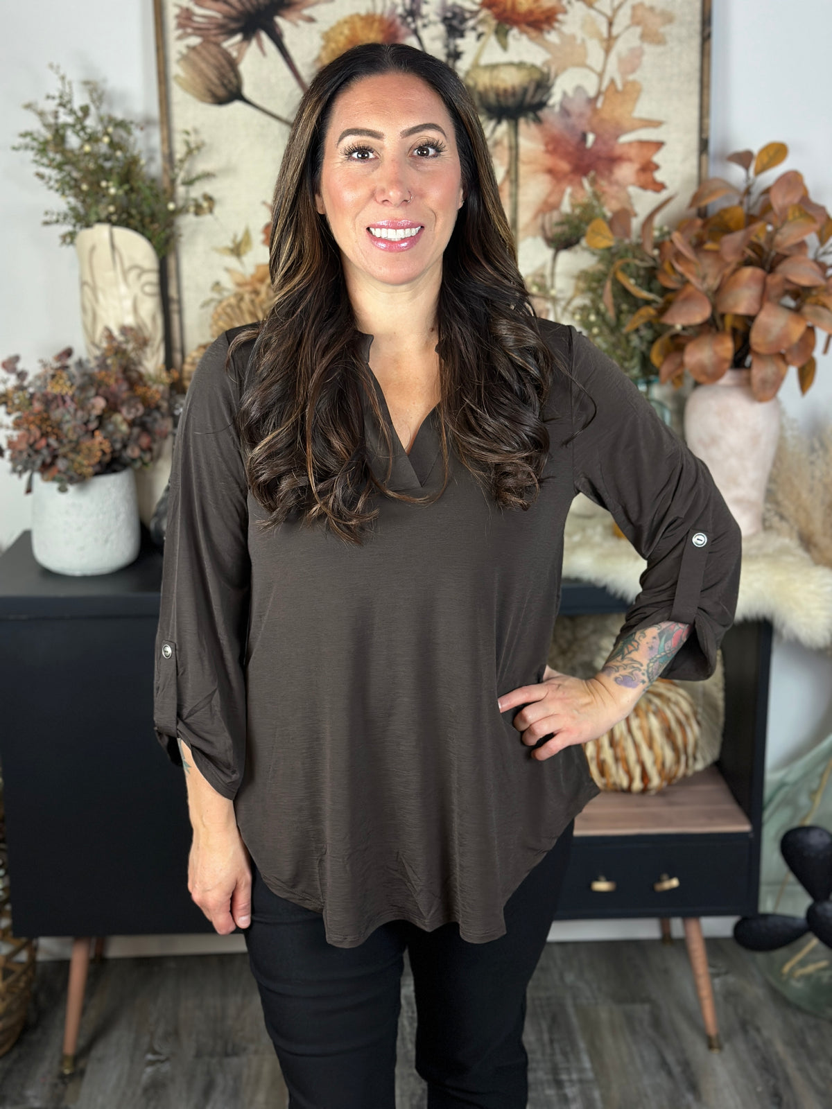 The Solid Wrinkle Free Lizzie Top - Chocolate (Small - 3X)