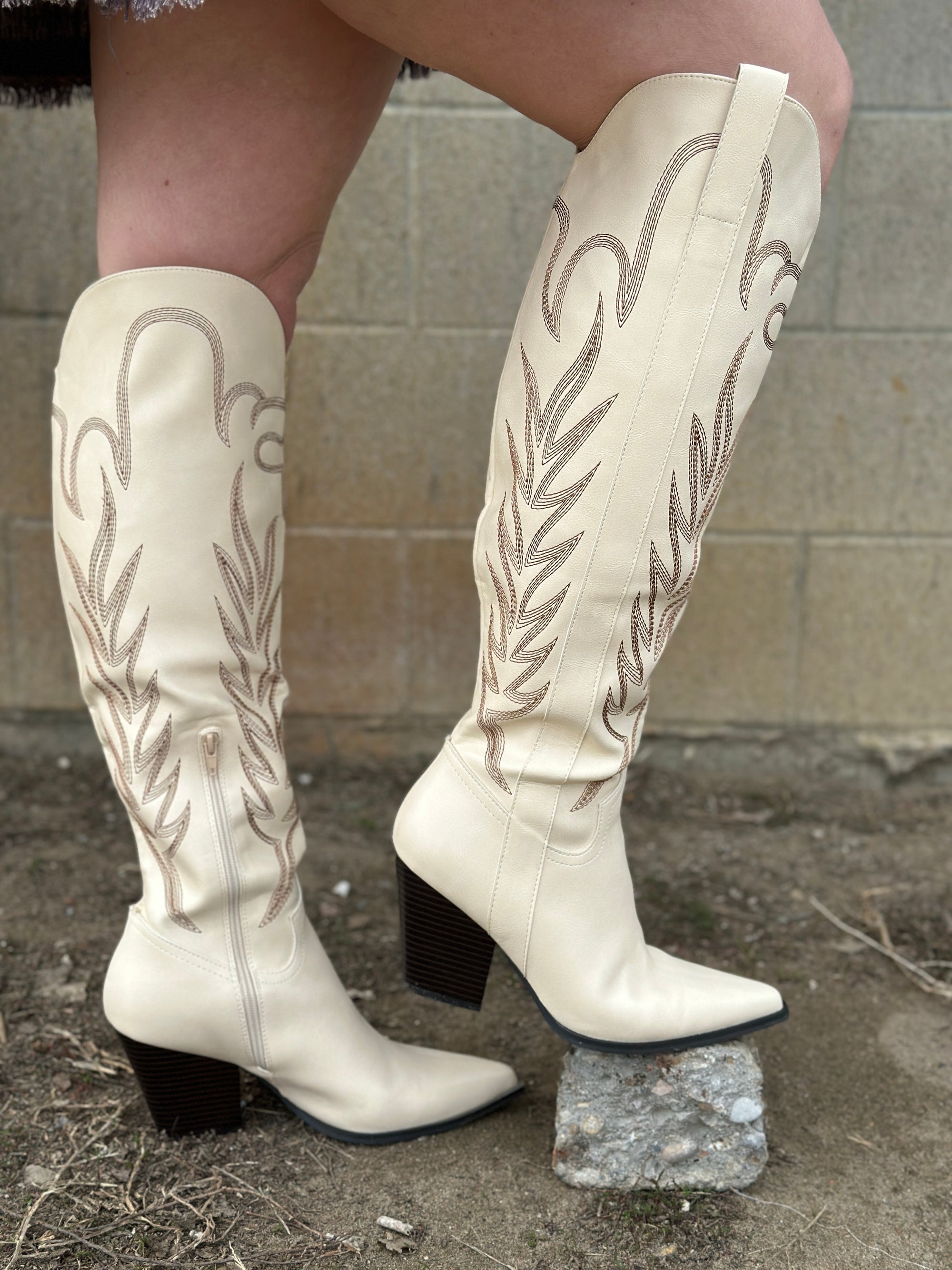 Tall Knee High Cream with Brown Stitching Western Boot