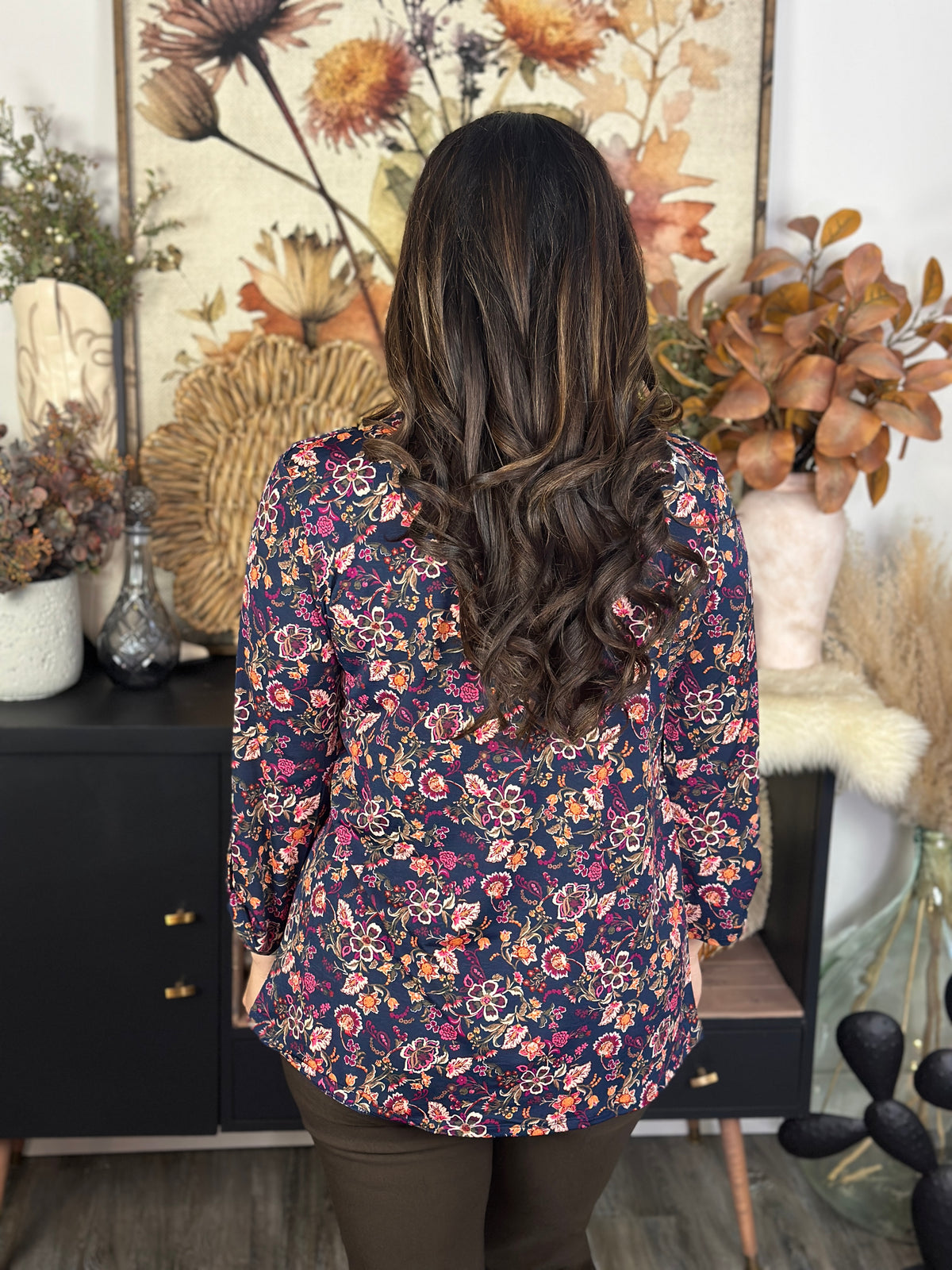 The Lux 3/4 Sleeve Lizzie Top - Navy Floral (Small - 3X)