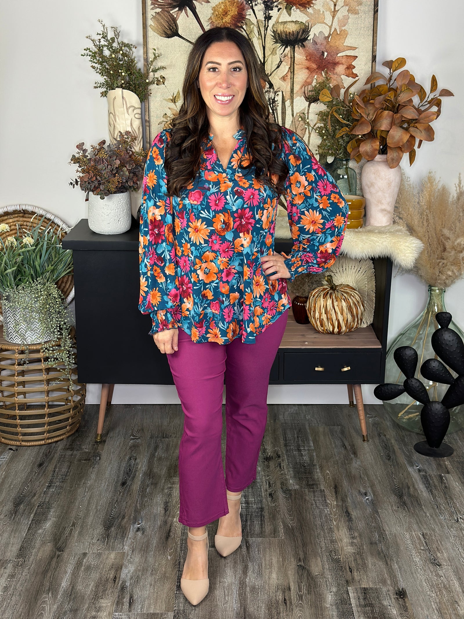 The Ruched 3/4 Sleeve Lizzie Top - Teal Bright Floral