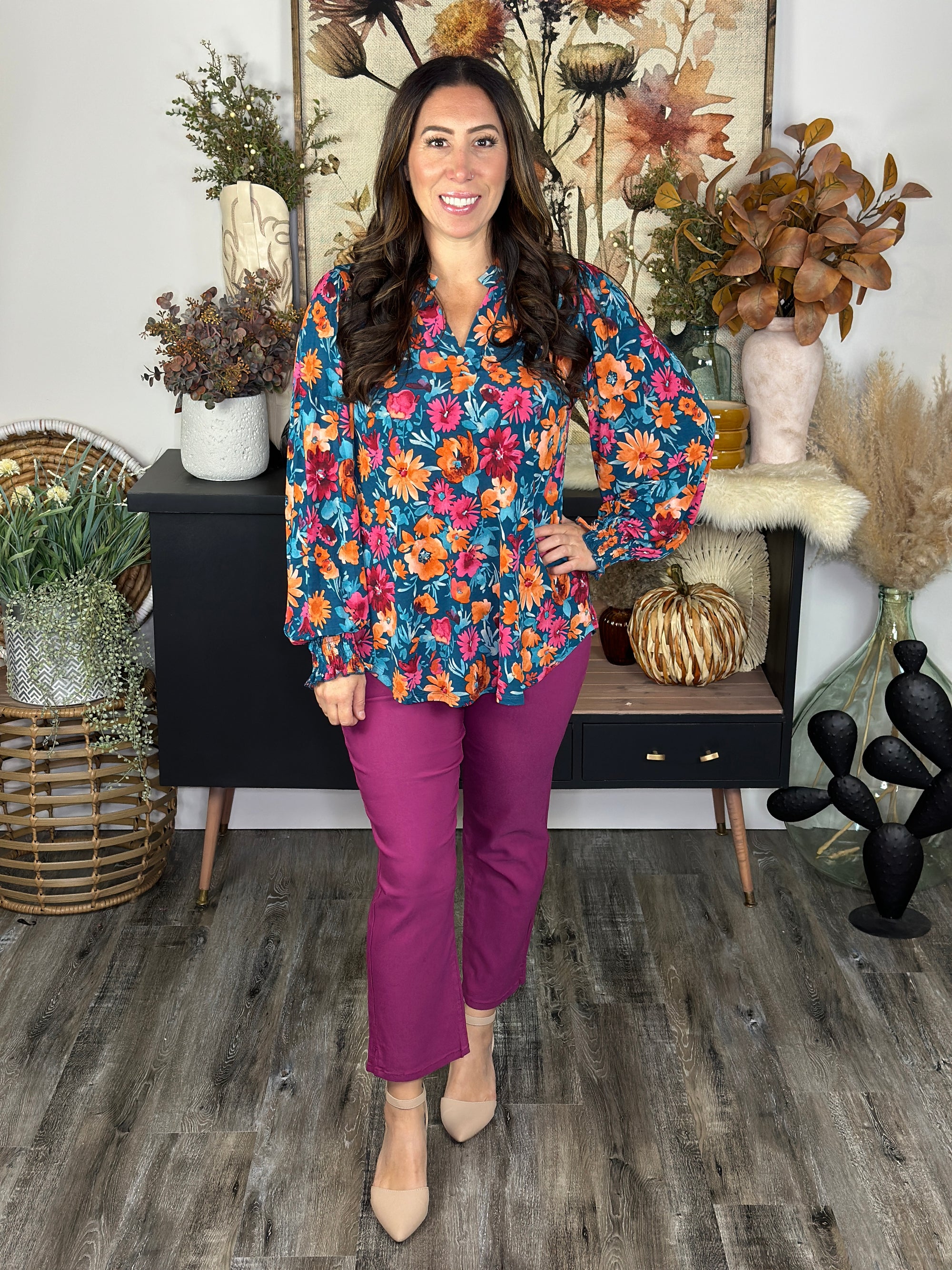 The Ruched 3/4 Sleeve Lizzie Top - Teal Bright Floral