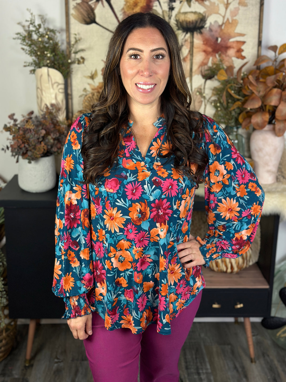 The Ruched 3/4 Sleeve Lizzie Top - Teal Bright Floral
