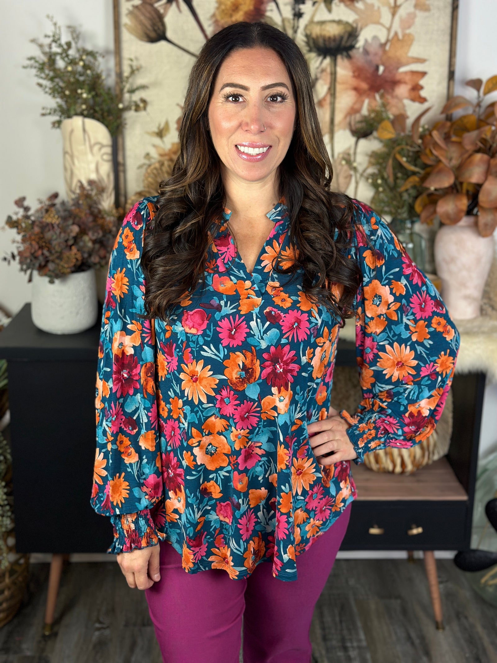The Ruched 3/4 Sleeve Lizzie Top - Teal Bright Floral