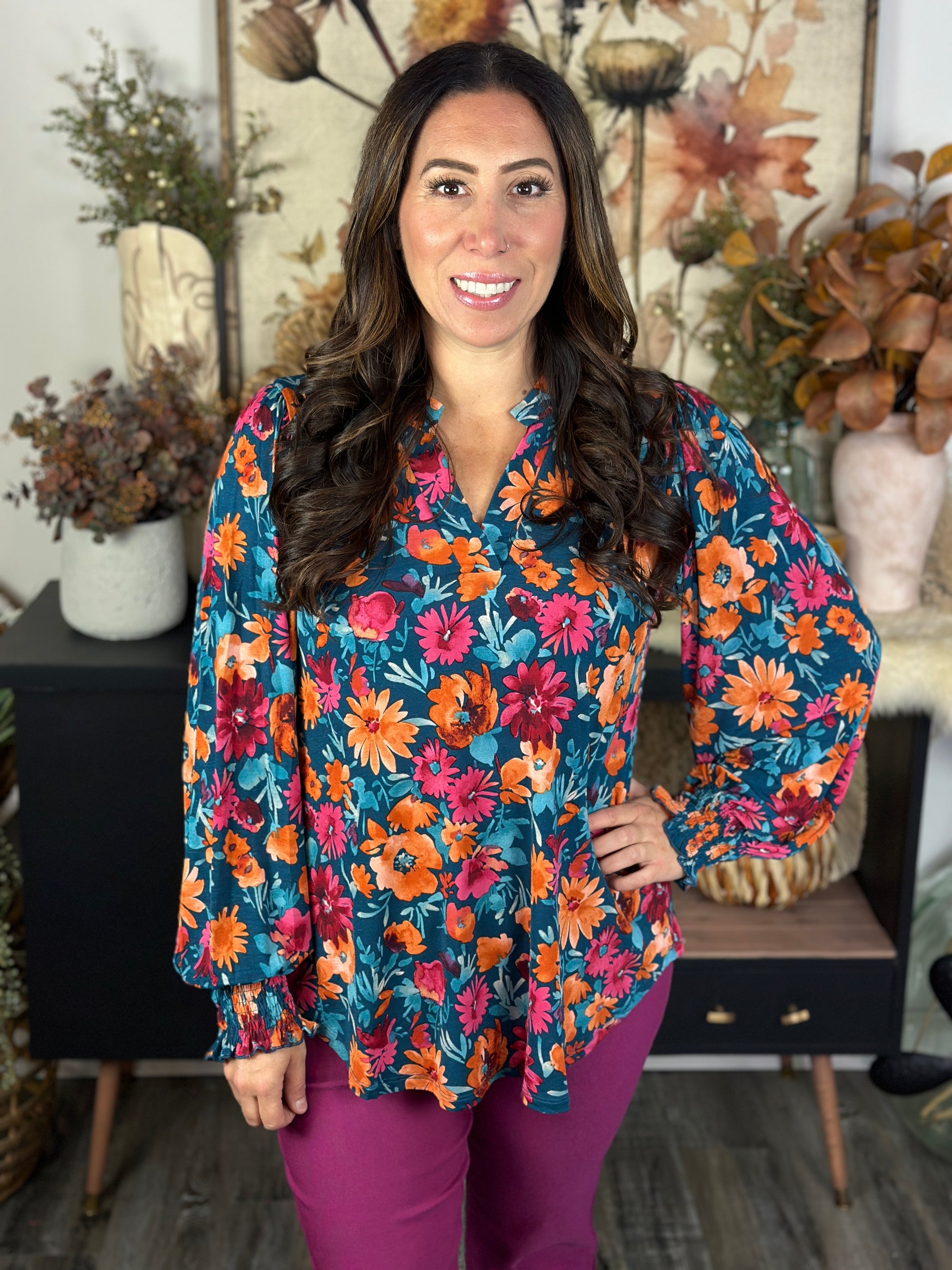 The Ruched 3/4 Sleeve Lizzie Top - Teal Bright Floral
