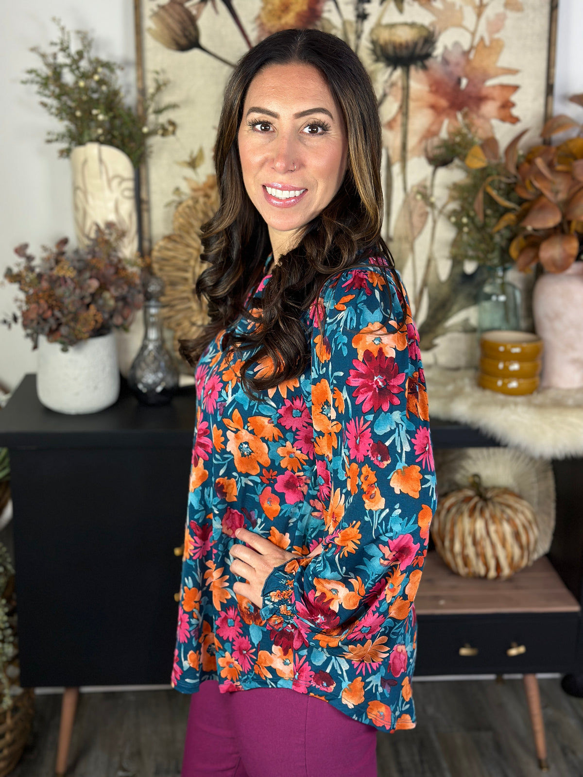 The Ruched 3/4 Sleeve Lizzie Top - Teal Bright Floral