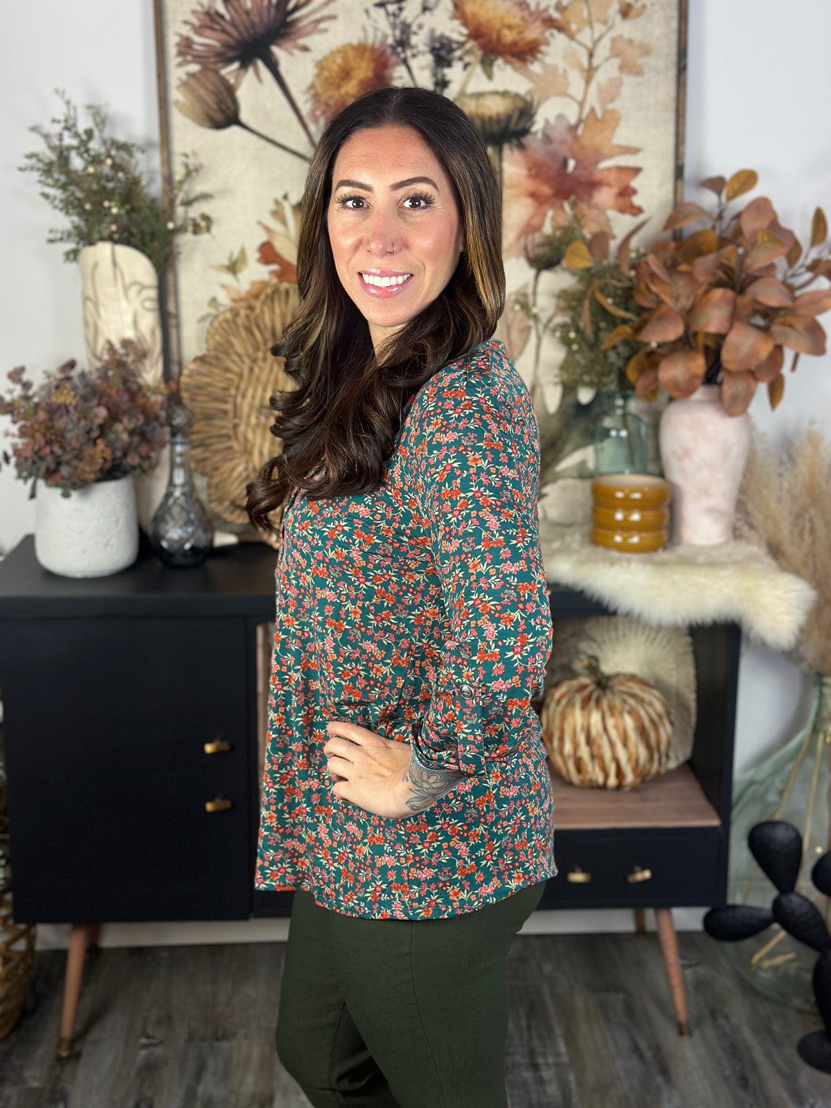 The Lux 3/4 Sleeve Lizzie Top - Green Floral (Small - 3X)