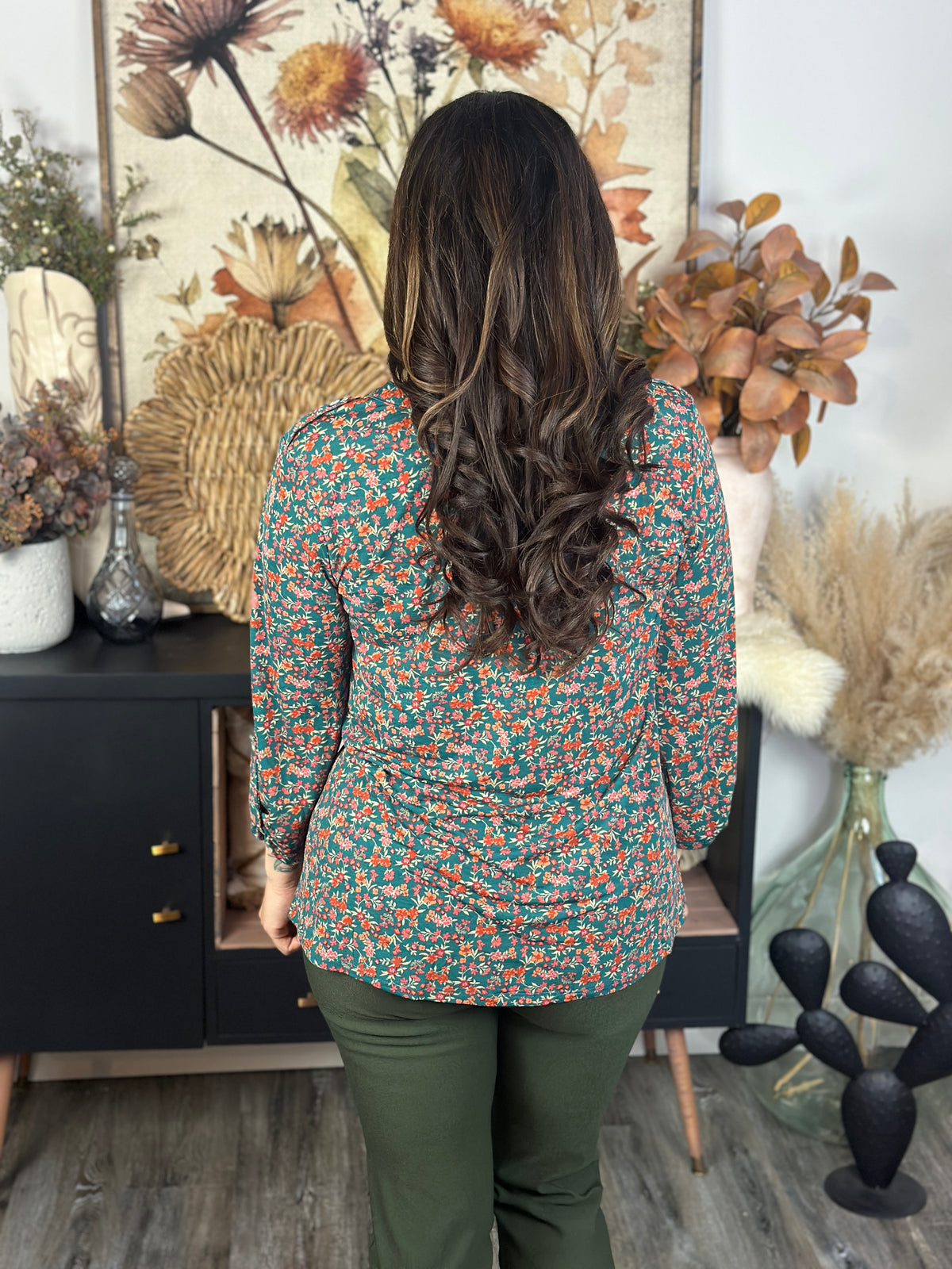 The Lux 3/4 Sleeve Lizzie Top - Green Floral (Small - 3X)