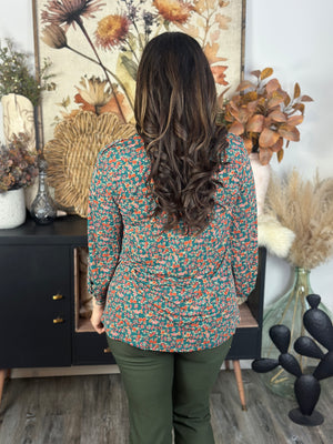 The Lux 3/4 Sleeve Lizzie Top - Green Floral (Small - 3X)