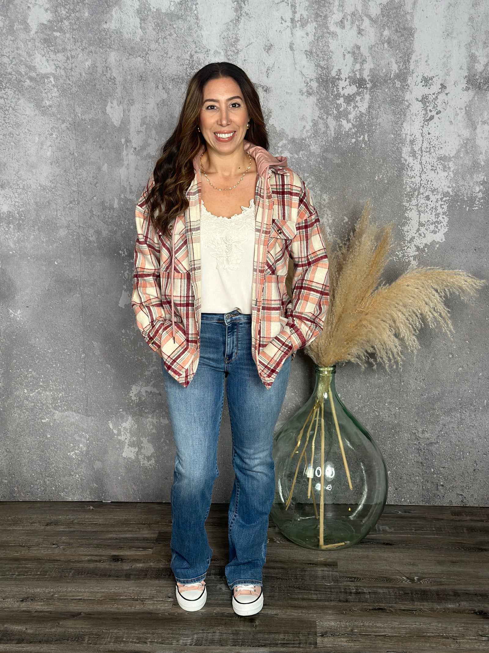 Blush Plaid Button Up with Hood - FINAL SALE