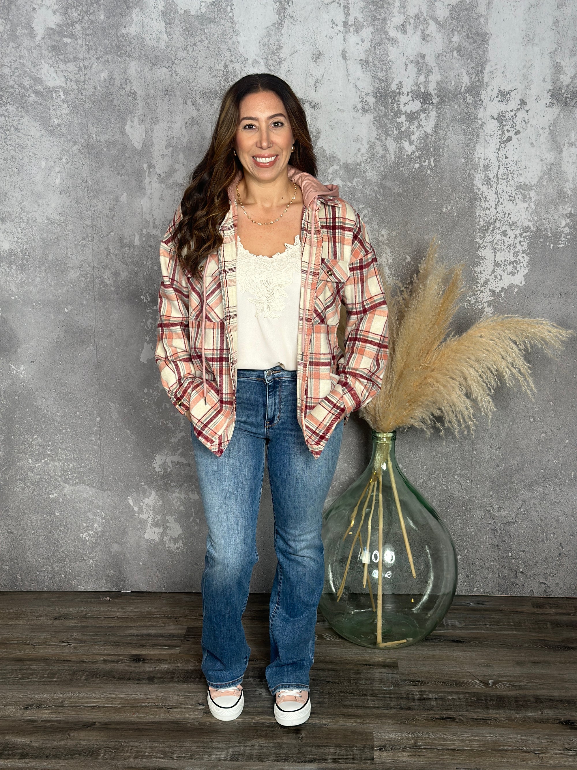 Blush Plaid Button Up with Hood - FINAL SALE